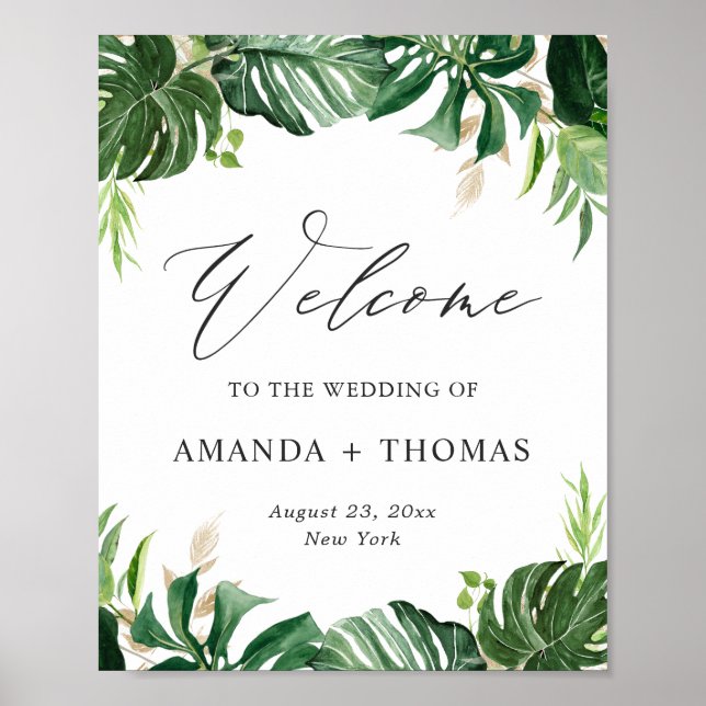 Póster Tropical Leaves Summer Beach Wedding Welcome Sign (Frente)