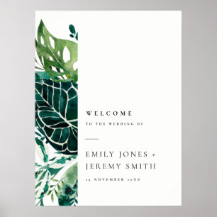 Póster Tropical Monstera Green Foliage Wedding Welcome