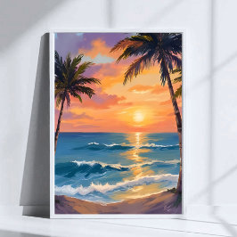 Póster Tropical Ocean Sunset Palm Tree Watercolor