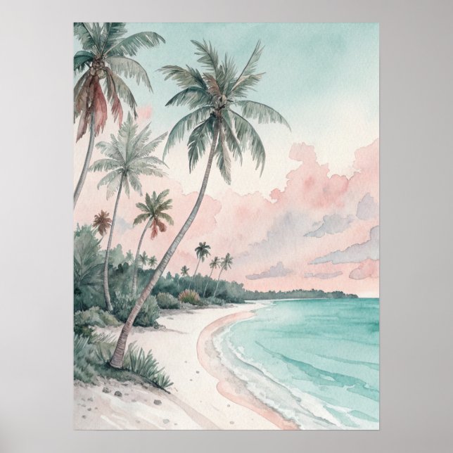 Póster Tropical Palm Beach Watercolor (Frente)