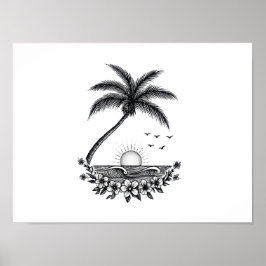 Póster Tropical Palm Sunset – Minimalist Beach Line Art 