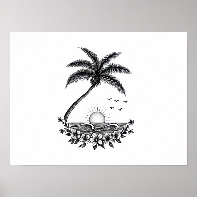 Póster Tropical Palm Sunset – Minimalist Beach Line Art  (Frente)