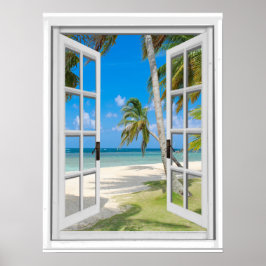 Póster Tropical Palm Trees Beach Ocean View Fake Window