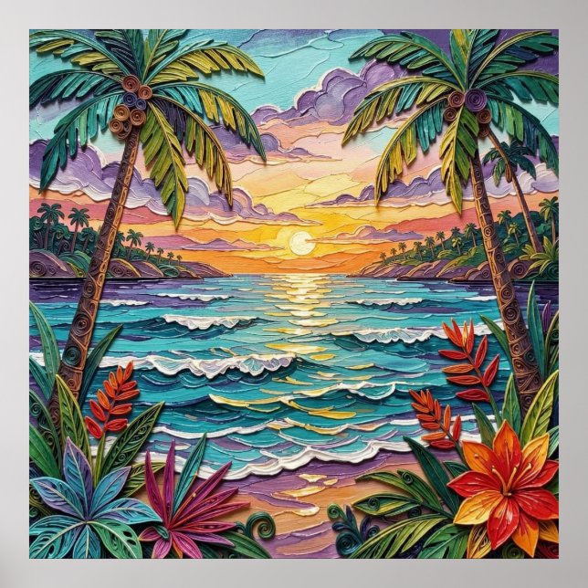 Póster Tropical Paradise | Coastal Beach Scene Impasto (Frente)