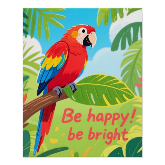 Póster Tropical Parrot Happy Quote Art (Anverso)