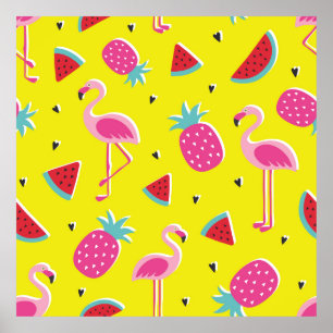 Póster  tropical patternwith pink pineapple, flamingos, w