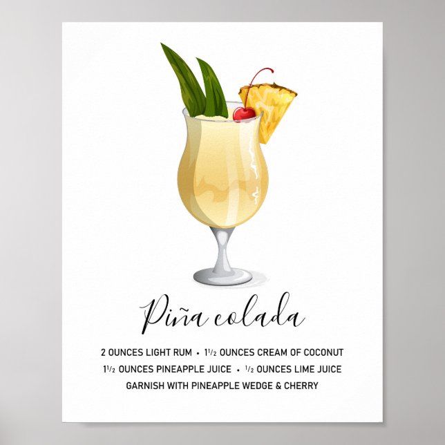 Póster Tropical Piña Colada Cocktail Recipe Art (Frente)