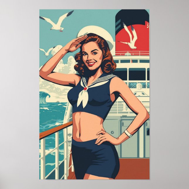 Póster Tropical Sailor Pin-Up Girl – Retro 1950s Cruise  (Frente)