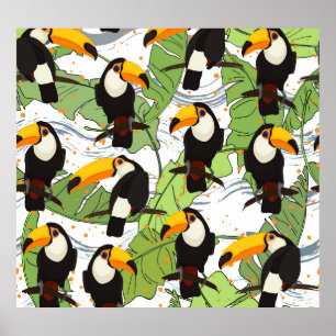 Póster Tropical Toucan, palmas verdes, patrón vintage.