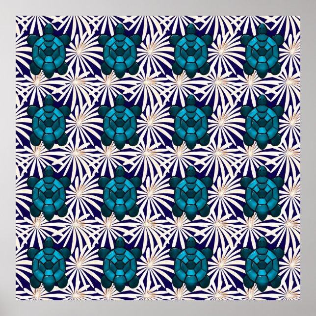 Póster Tropical Turtle Floral Pattern Seamless Sea Turtle (Frente)