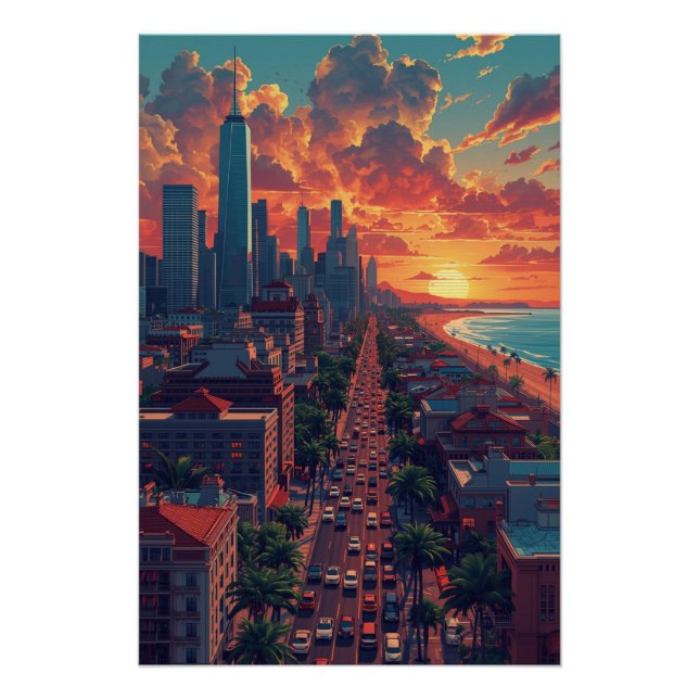 Póster Tropical Urban Sunset, Vibrant Cityscape Boulevard (Anverso)