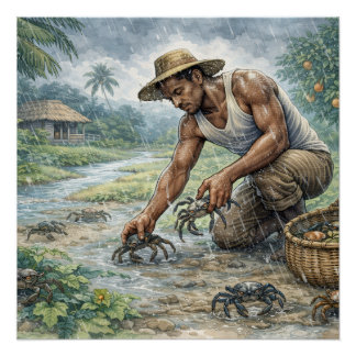 Póster Tropical Village Life: Man Catching Crabs in Rain