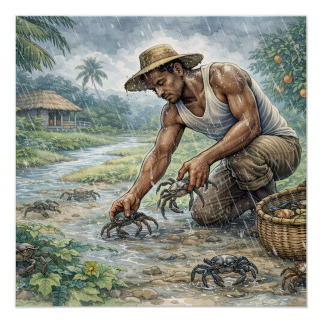 Póster Tropical Village Life: Man Catching Crabs in Rain (Anverso)