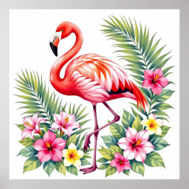 Póster Tropical Watercolor Pink Flamingo Floral Hawaiian