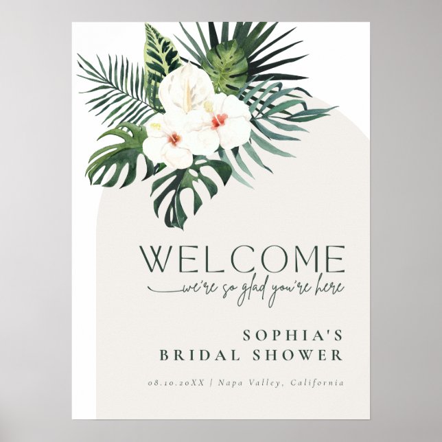 Póster Tropical White Floral Arch Bridal Shower Welcome (Frente)