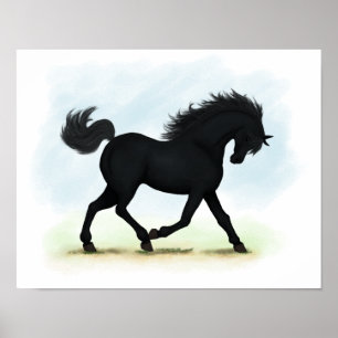 Póster Trotting Black Horse o Pony Ecuestres