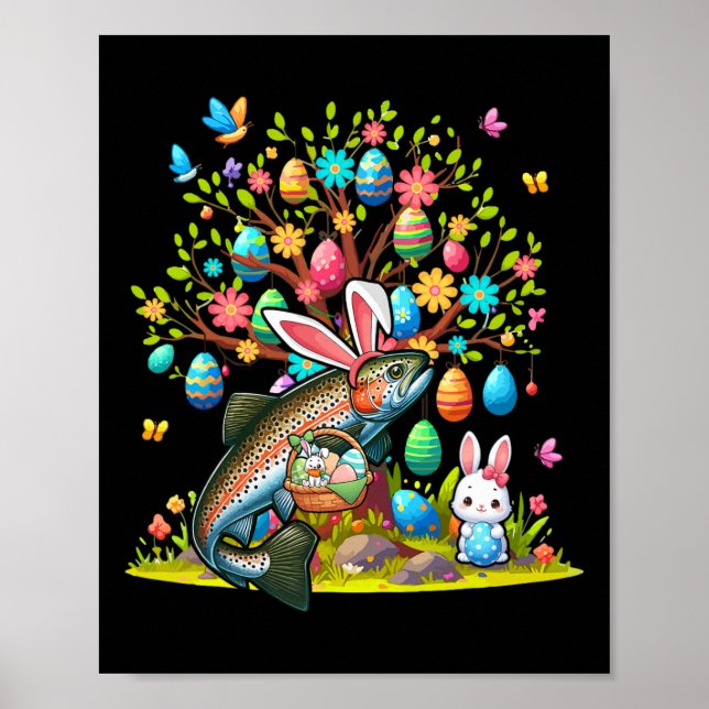 Póster Trout Fish Bunny Easter Eggs Cute Tree Costume Hun (Frente)