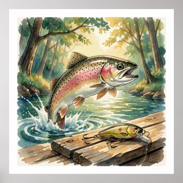 Póster Trucha arcoíris saltando en arroyo forestal acuare (Frente)