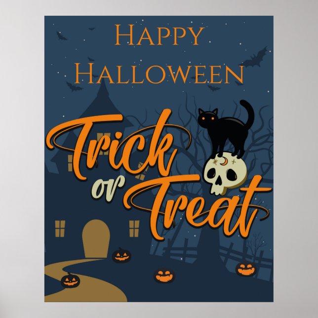 Póster Truco de Halloween o trato a gato y cráneo negros (Frente)