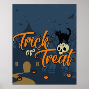 Póster Truco de Halloween o trato a gato y cráneo negros