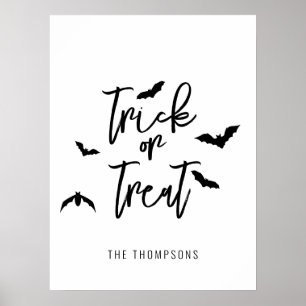 Póster Truco o trato en letra negra con murciélagos de Ha