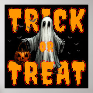 Póster truco o trato halloween espantoso fantasma calabaz