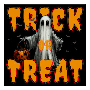 Póster truco o trato halloween espantoso fantasma calabaz