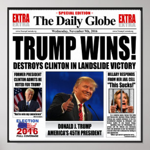 Póster ¡Trump gana! Divertido periódico falso anti Clinto