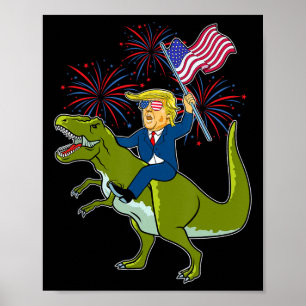 Póster Trump montando un dinosaurio Trex patriótico 4 de