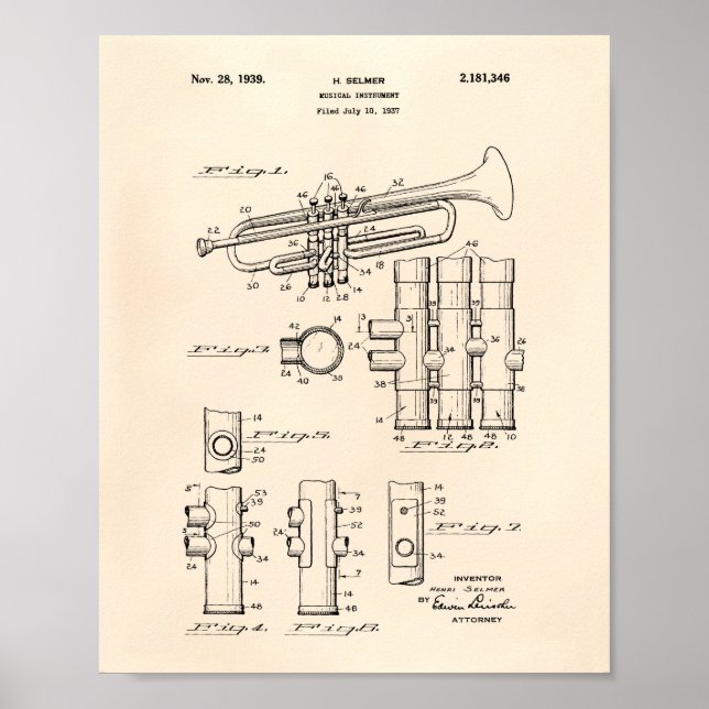 Póster Trumpet 1939 Patent Art Old Peper (Frente)