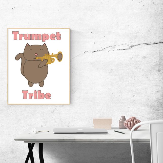 Póster Trumpet Tribe Cute Cat Music (A poster featuring a brown cat playing the trumpet with the words trumpet tribe in pink.)