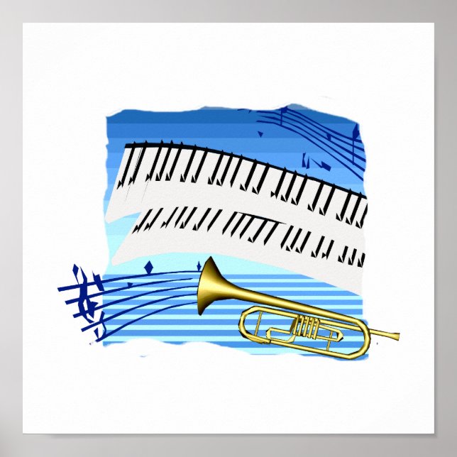 Póster Trumpet y Keyboard, música gráfica de tema azul (Frente)