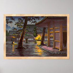 Póster Tsuchiya Koitsu bosqueja el templo de Takanawa