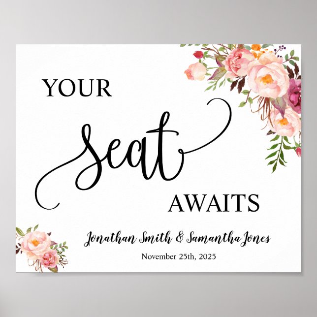 Póster Tu asiento espera la recepción de la boda floral r (Frente)