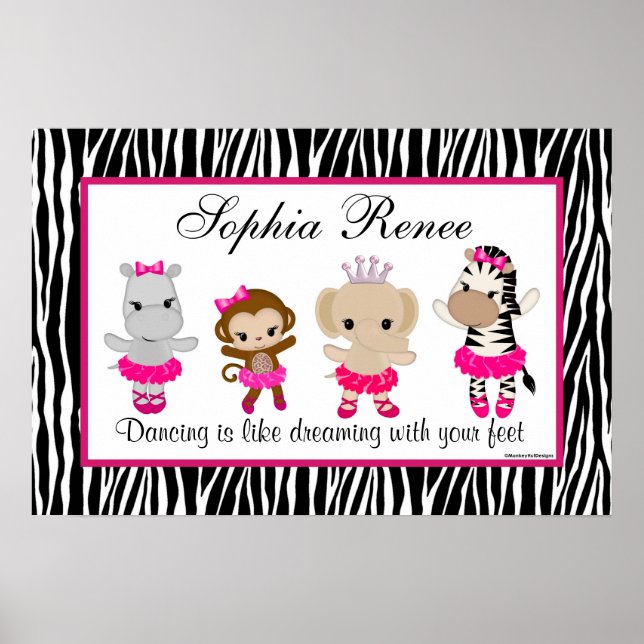 Póster Tu cute Ballerina Art Print Monkey Zebra (Frente)