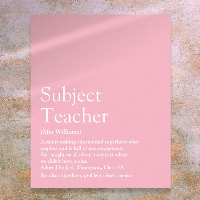 Póster Tu mejor profesora definición Rosa femenino (Your Best Teacher Ever Definition Girly Pink Poster)