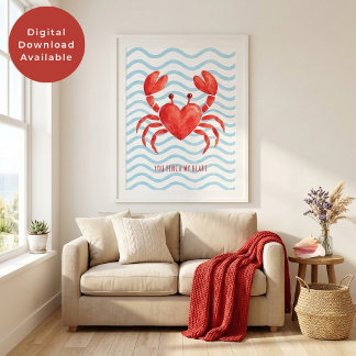 Póster Tú Pellizcas Mi Corazón Acuarela Cangrejo Rojo San