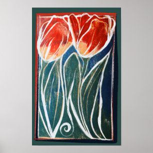 Póster Tulip Artwork primavera de tulipanes azules y rojo