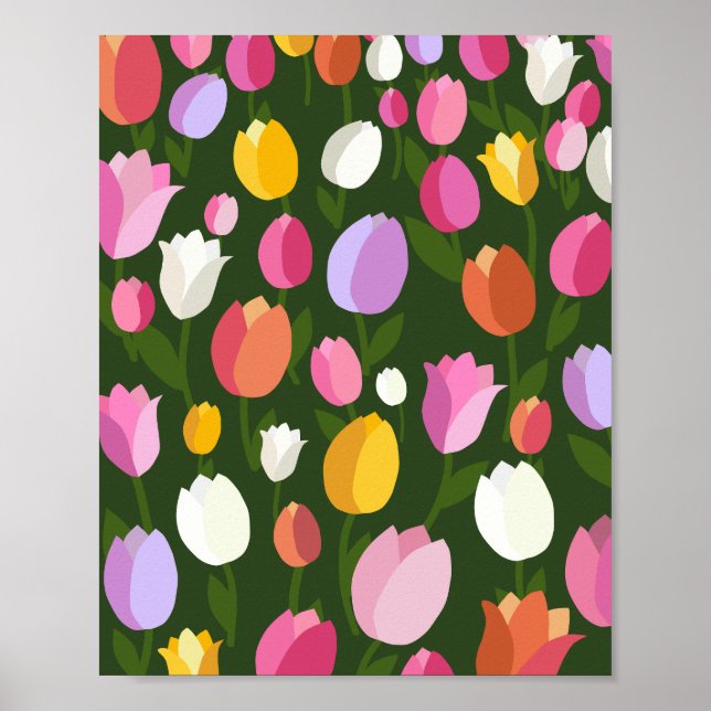 Póster Tulip Field 01 Flores retro coloridas (Frente)