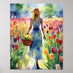 Póster Tulip Field Colorous Watercolor