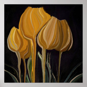 Póster Tulipán Dorado Trio sobre Negro