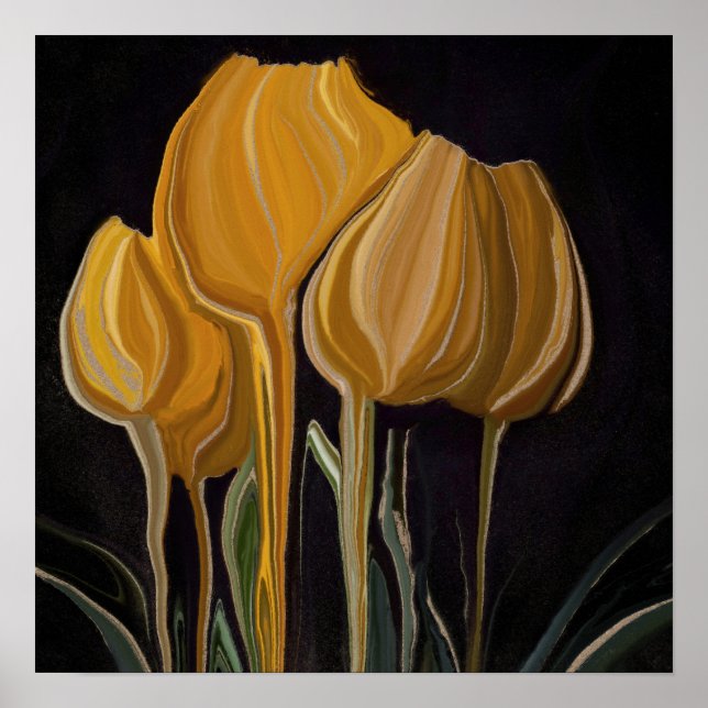 Póster Tulipán Dorado Trio sobre Negro (Frente)