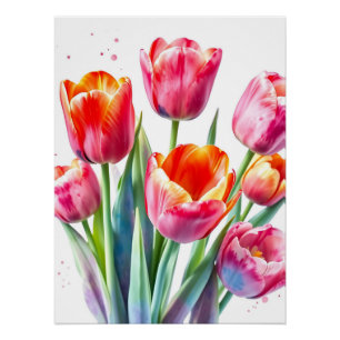 Póster Tulipanes acuarelas con bordes blancos