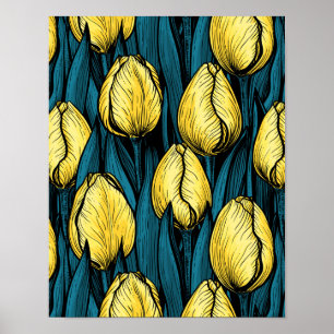 Póster Tulipanes amarillos con hojas azules