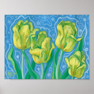 Póster Tulipanes amarillos, flores de primavera pintura d