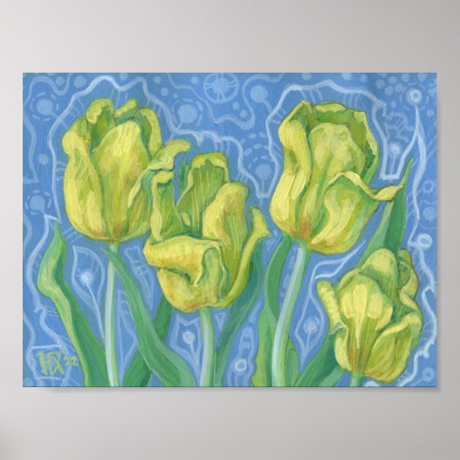 Póster Tulipanes amarillos, flores de primavera pintura d (Frente)