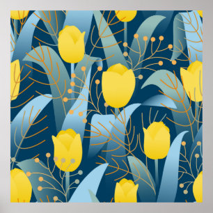 Póster Tulipanes amarillos sin patrón en el fondo azul os