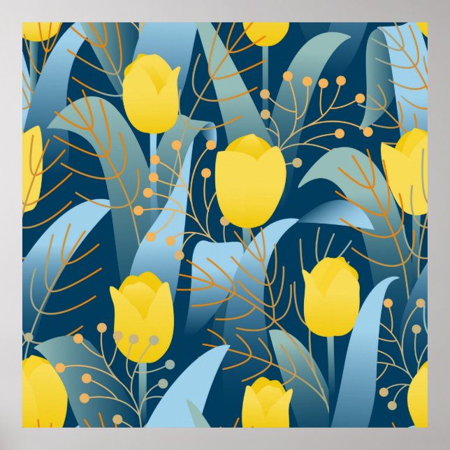 Póster Tulipanes amarillos sin patrón en el fondo azul os (Frente)