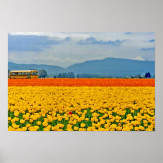 Póster Tulipanes amarillos y bus escolar