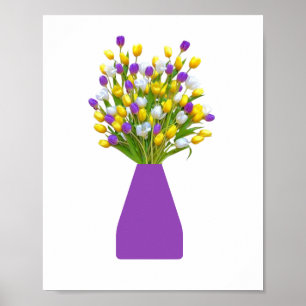 Póster Tulipanes amarillos y morados en un jarrón violeta